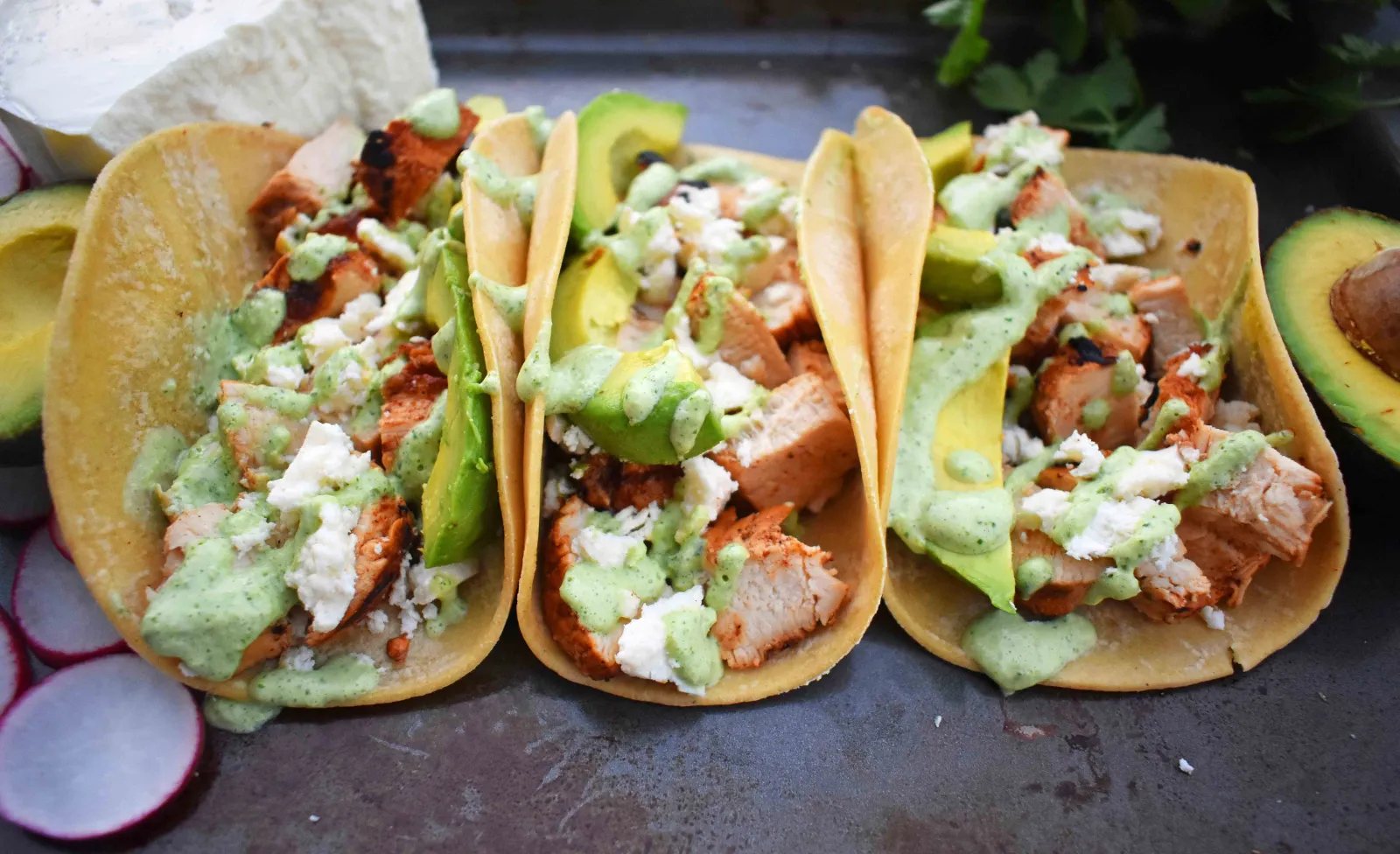 Grilled Chicken Tacos with Roasted Poblano Crema