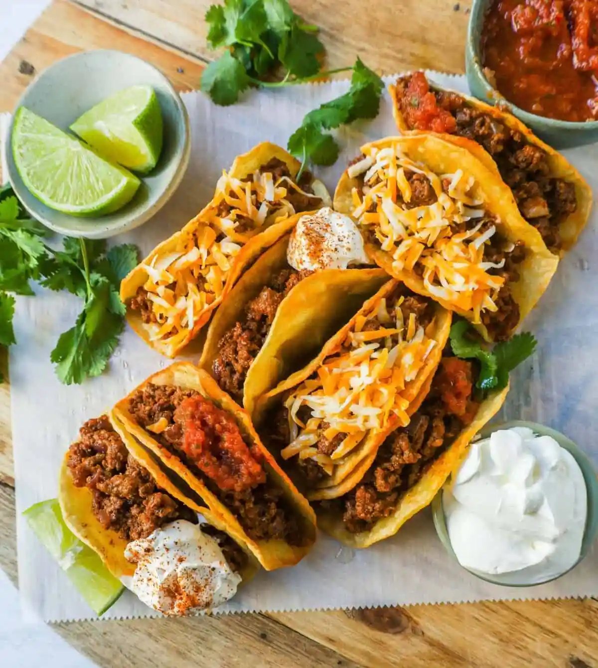 These homemade Ground Beef Tacos are made with spiced taco meat loaded into fried taco shells. Top with your favorite toppings for an easy 30-minute meal!