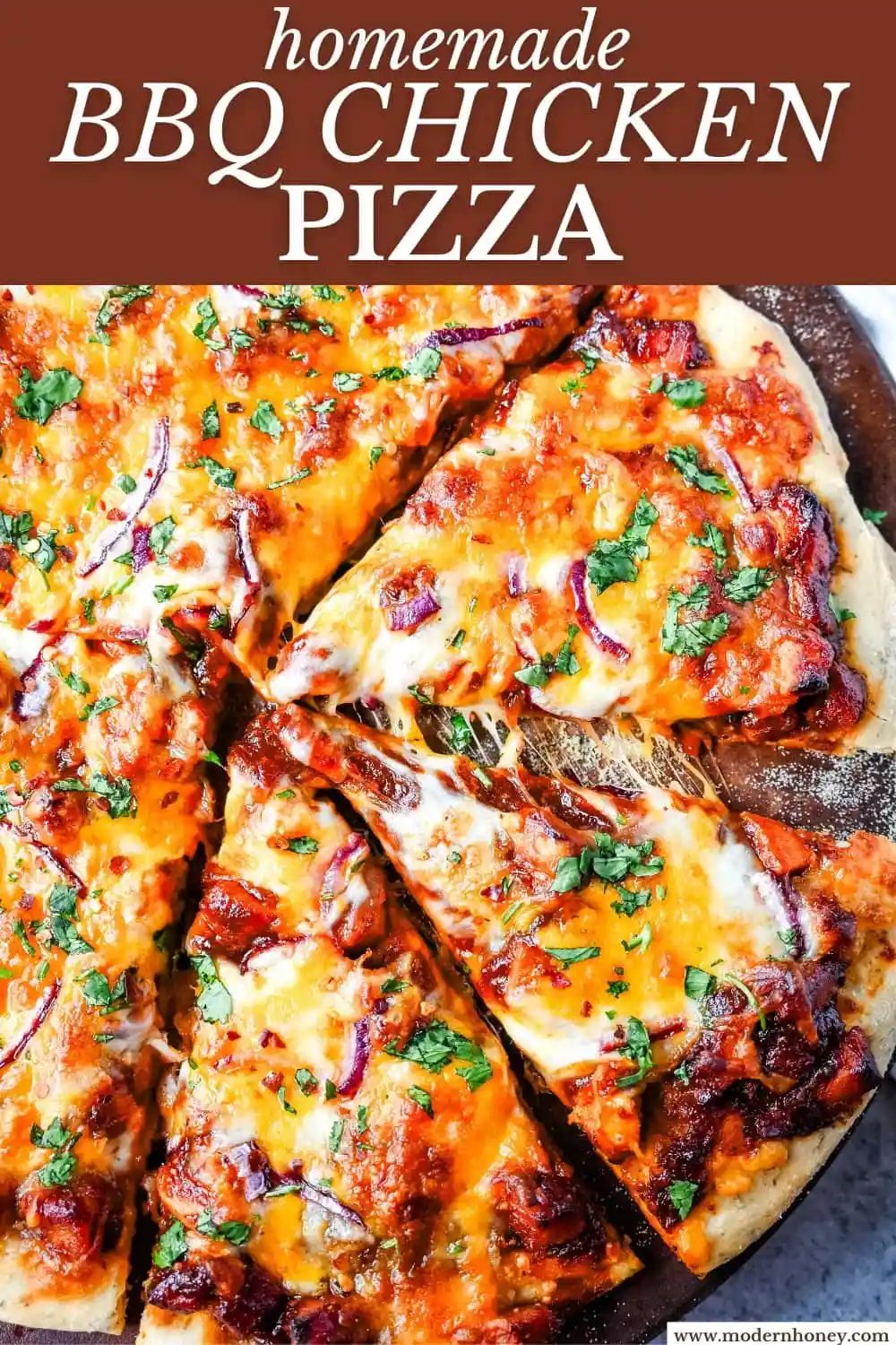 This Homemade BBQ Chicken Pizza is made with a Homemade Pizza Crust, BBQ Ranch Sauce, Mozzarella and Cheddar Cheeses, Red Onion, and a touch of Cilantro. THE BEST BBQ CHICKEN PIZZA RECIPE.
