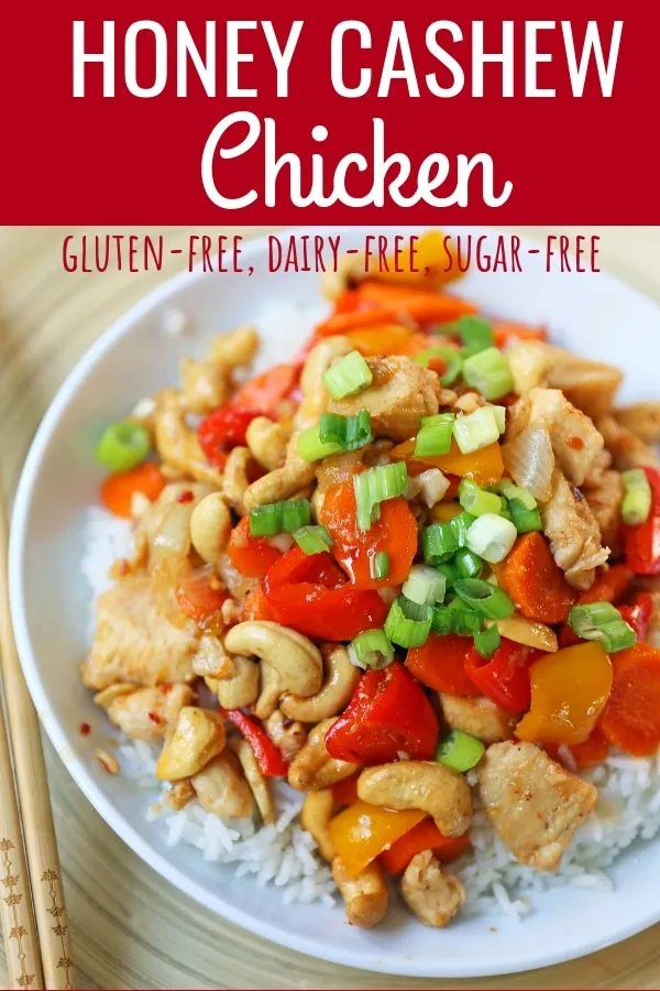 Honey Cashew Chicken. A healthier version of a popular Asian dish -- Cashew Chicken. Gluten-Free. Dairy-Free. Sugar-Free. A spicy and sweet chicken with crisp vegetables in a flavorful sauce. www.modernhoney.com #honeycashewchicken #cashewchicken #chinesechicken #asianfood