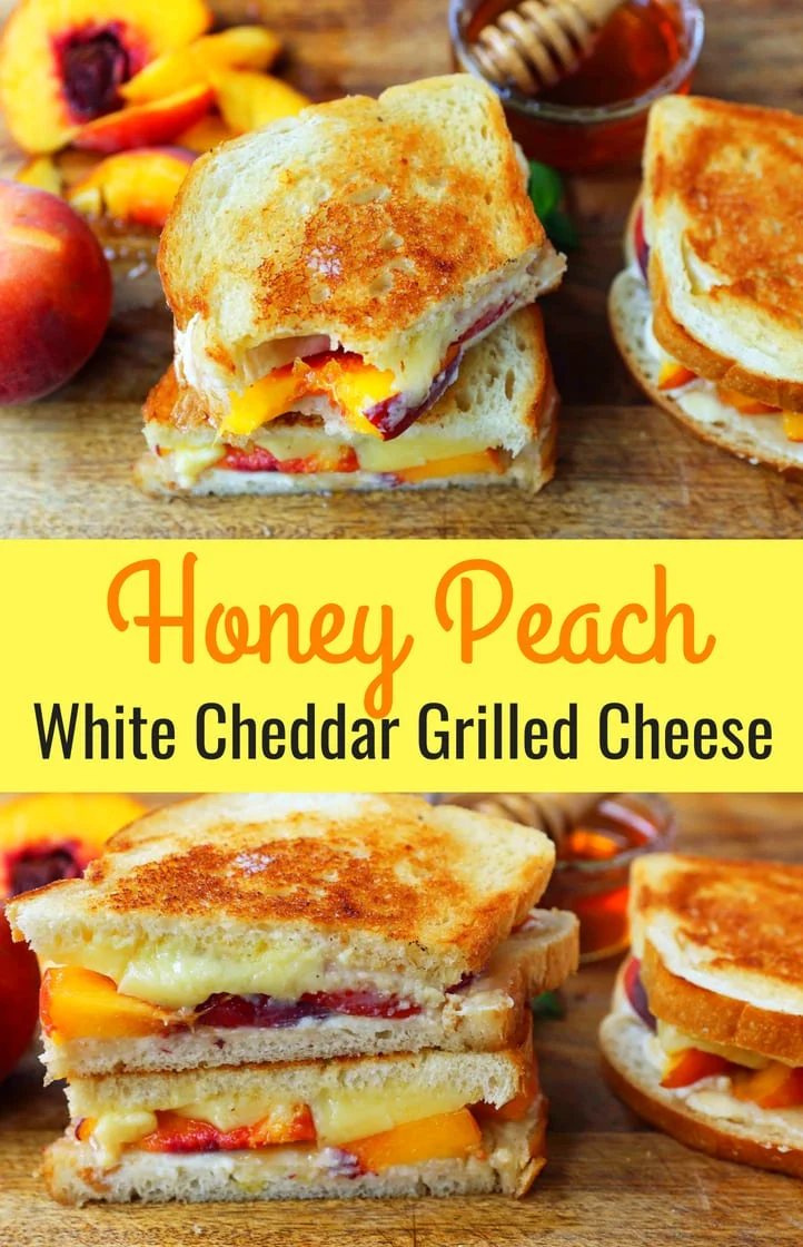Honey Peach White Cheddar Grilled Cheese Sandwich. A summer grilled cheese sandwich with sweet juicy peaches, white cheddar cheese, a drizzle of honey on buttery toasted bread. www.modernhoney.com #peaches #grilledcheese #peachgrilledcheese