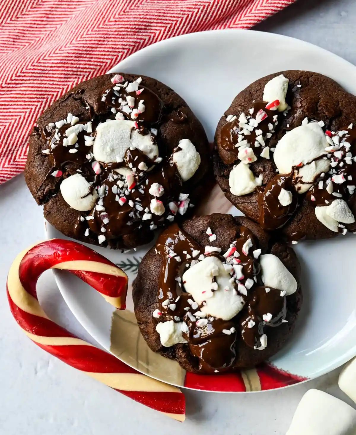 Peppermint Hot Cocoa Cookies on Santa plate. A chocolate marshmallow christmas cookie