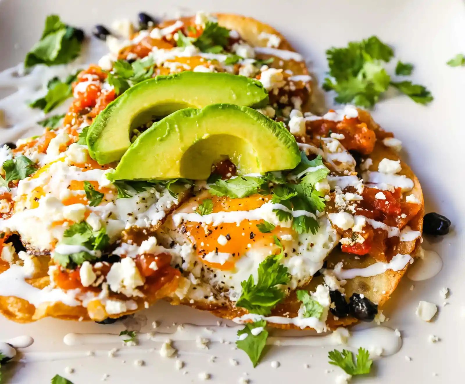 Huevos Rancheros. A traditional Mexican breakfast dish made with fried corn tortillas, fried egg, ranchera salsa, beans, avocado, cheese, and salsa. #huevosrancheros #mexican #mexicanfood #breakfast