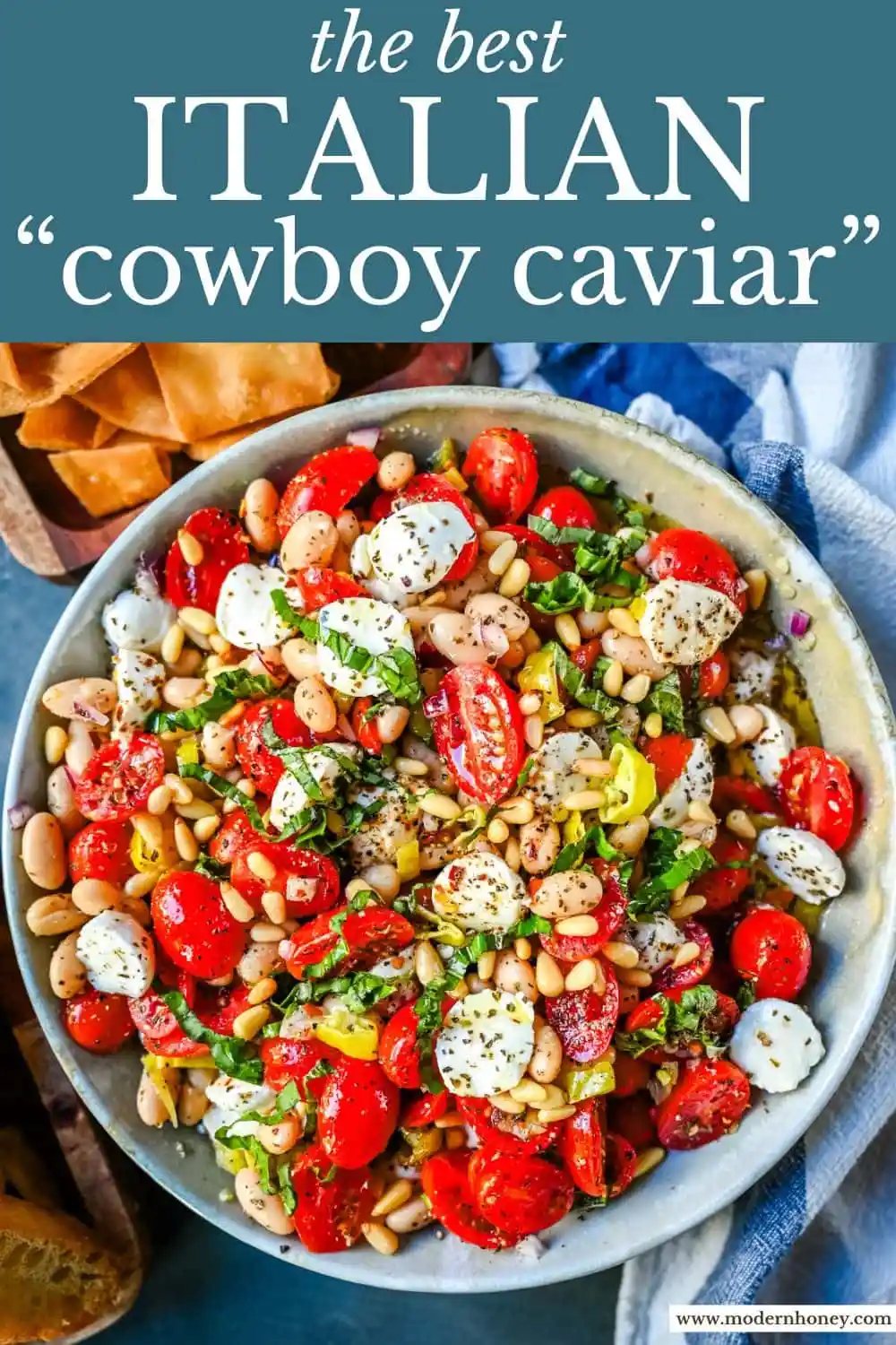 This Italian Cowboy Caviar is a fresh, flavorful twist on the viral cowboy caviar made with juicy tomatoes, creamy mozzarella pearls, tender white beans, pepperoncinis, and basil for a Mediterranean-inspired dip. This easy Italian appetizer comes together in minutes and is perfect for holiday parties, snacking, or meal prep.