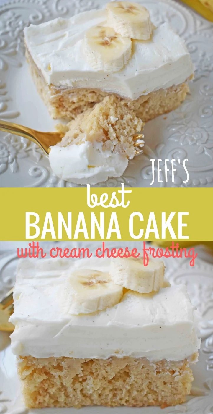 Jeff's BEST Banana Cake Recipe. This moist and tender banana cake is topped with a sweet and buttery cream cheese frosting. This is the best banana cake I have ever had and the only recipe I need. This banana cake with cream cheese frosting will knock your socks off! www.modernhoney.com