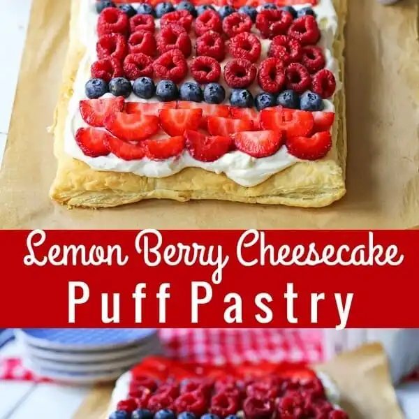 Lemon Berry Cheesecake Puff Pastry Baked Puff Pastry topped with Lemon Cheesecake Filling and Fresh Berries. An easy, beautiful, festive summer dessert. www.modernhoney.com