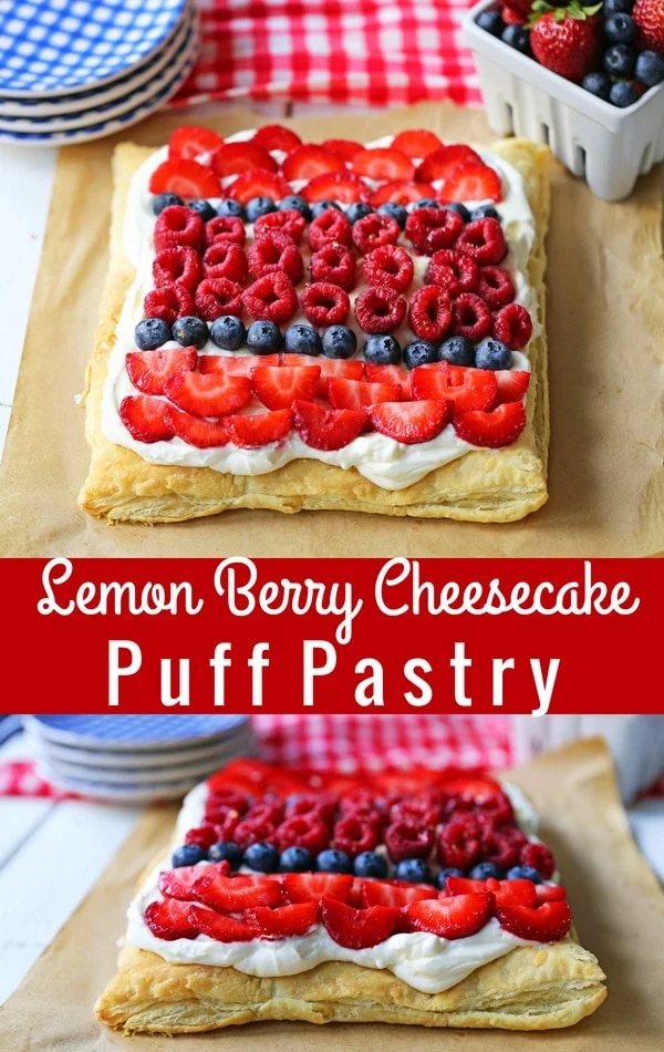 Lemon Berry Cheesecake Puff Pastry Baked Puff Pastry topped with Lemon Cheesecake Filling and Fresh Berries. An easy, beautiful, festive summer dessert. www.modernhoney.com