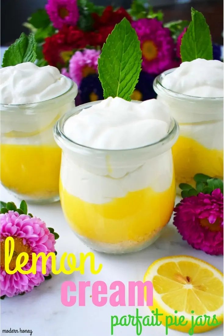 Lemon Cream Parfait Pie Jars. Homemade lemon curd layered with graham or butter cookie crust and sweetened cream cheese and whipped cream. The perfect dessert for parties, Mother's Day, Spring, or Summer parties. It's a lemon cream pie in a jar. Also, tips on how to make it into a 9 inch lemon cream pie. www.modernhoney.com