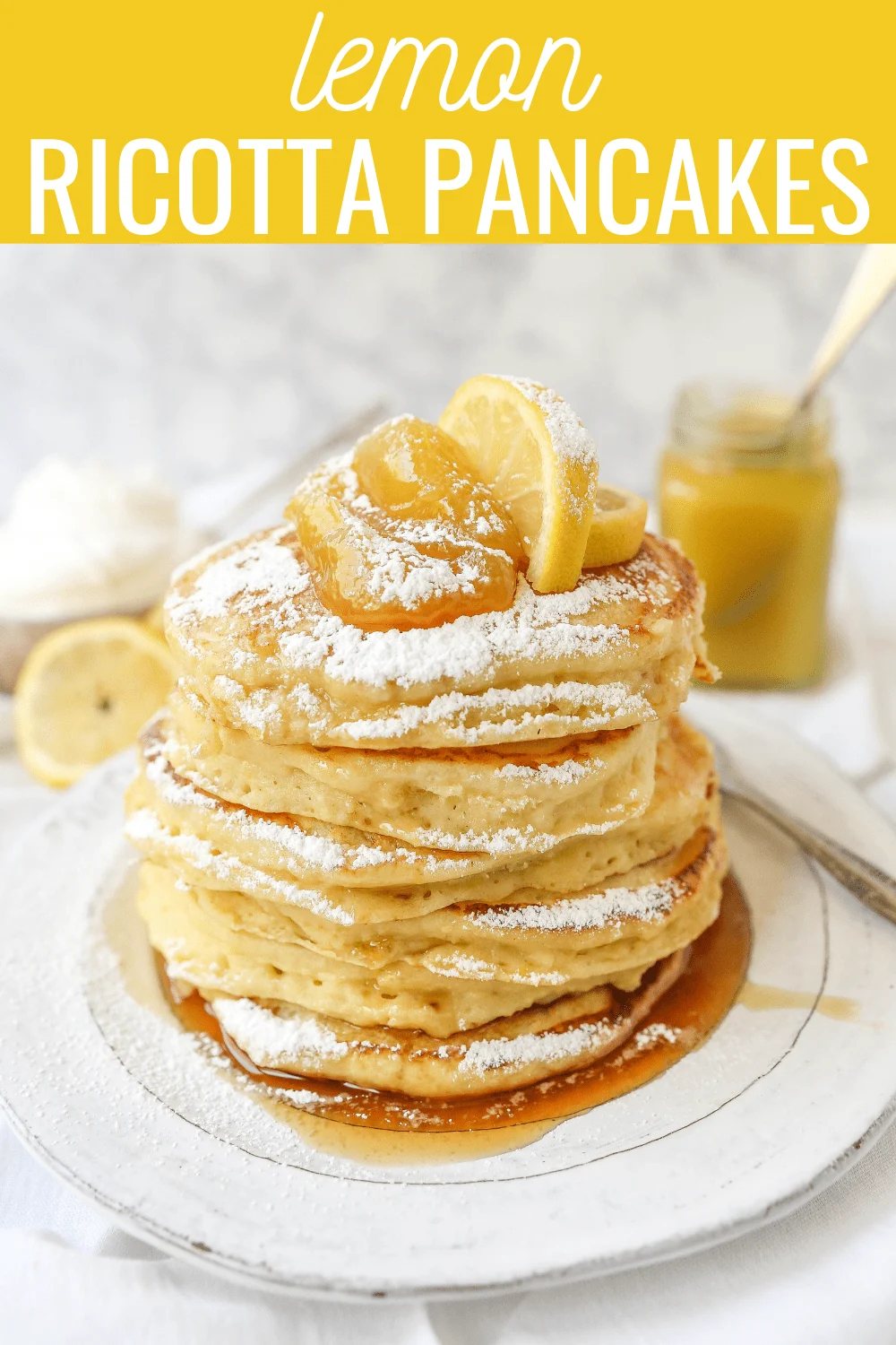 Lemon Ricotta Pancakes Creamy, fluffy lemon ricotta pancakes made with fresh ricotta, buttermilk, fresh lemon zest, and juice. A mix between a pancake and a crepe with a melt-in-your-mouth soft texture. www.modernhoney.com #pancakes #lemonricottapancakes #brunch #breakfast