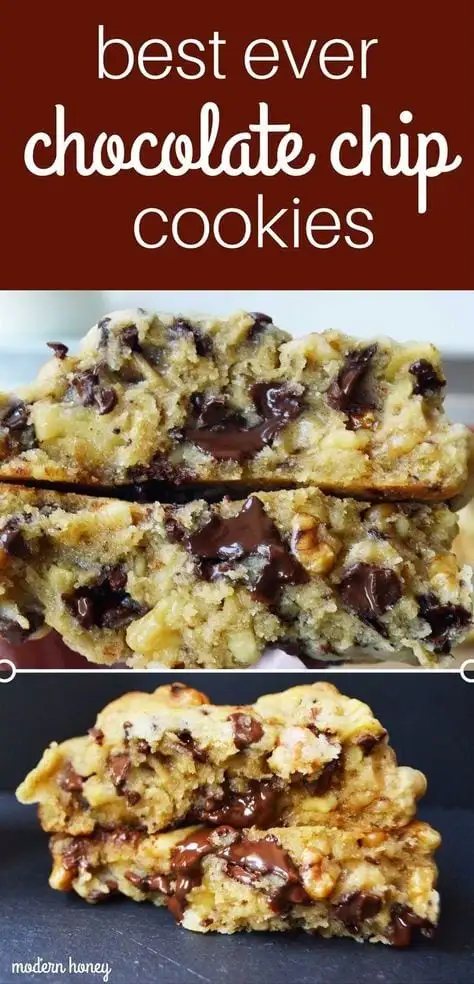 The Best Chocolate Chip Cookies EVER. The most popular chocolate chip cookie recipe. 5-Star Rated Chocolate Chip Cookies. Levain Bakery Copycat Chocolate Chip Cookie Recipe. www.modernhoney.com #cookies #cookie #cookierecipe #chocolatechipcookies #dessert