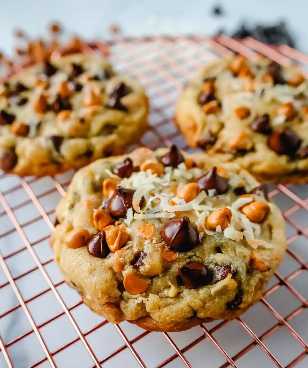 The popular 7-layer bar made into a cookie! A chewy cookie with crisp edges with butterscotch chips, semi-sweet chocolate chips, shredded coconut, and pecans. A salty and sweet cookie.