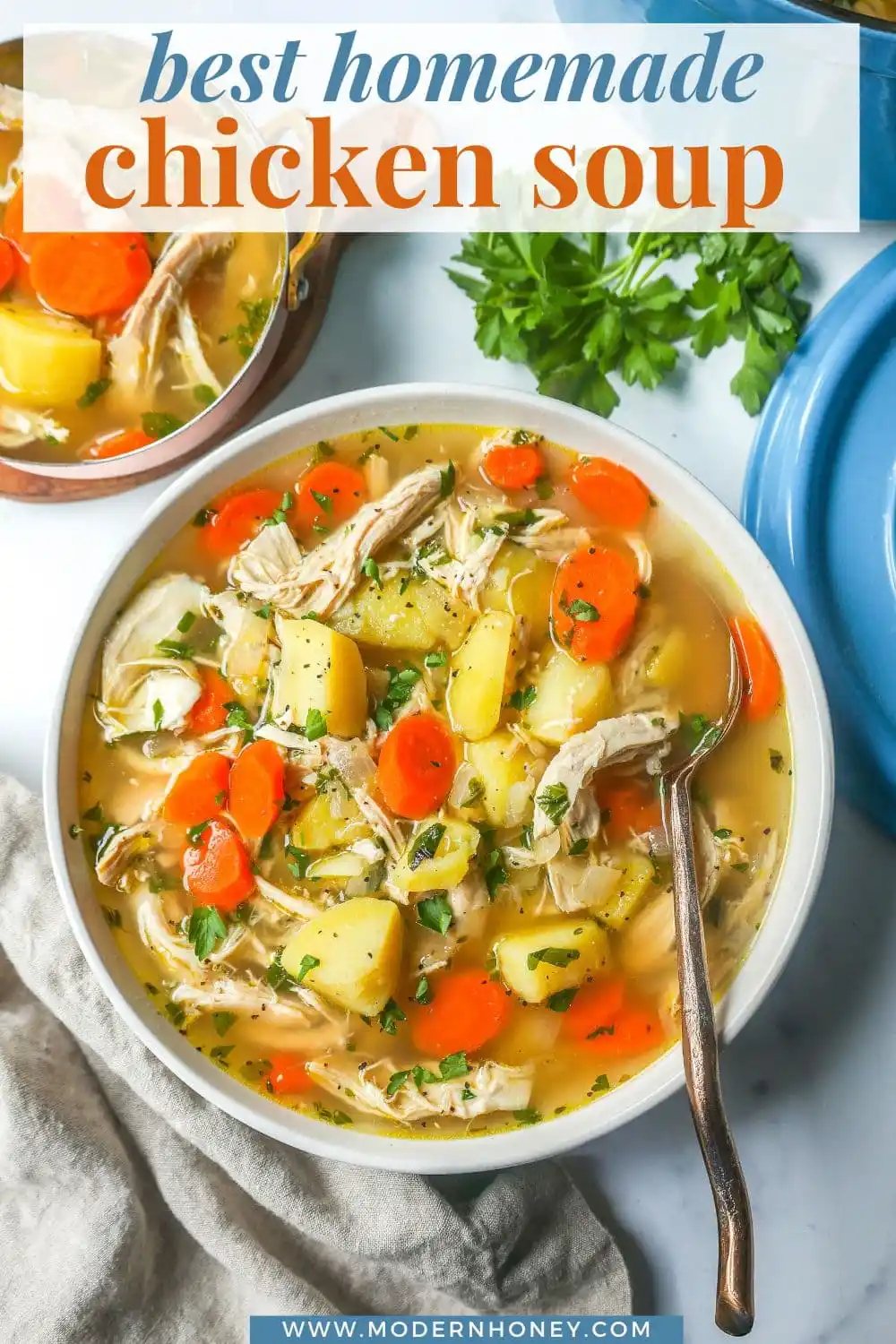 This Homemade Chicken Soup is made with tender chicken, carrots, onion, potatoes, fresh herbs, and seasonings all in a warm chicken broth. This is the perfect chicken soup on a cold winter's day.