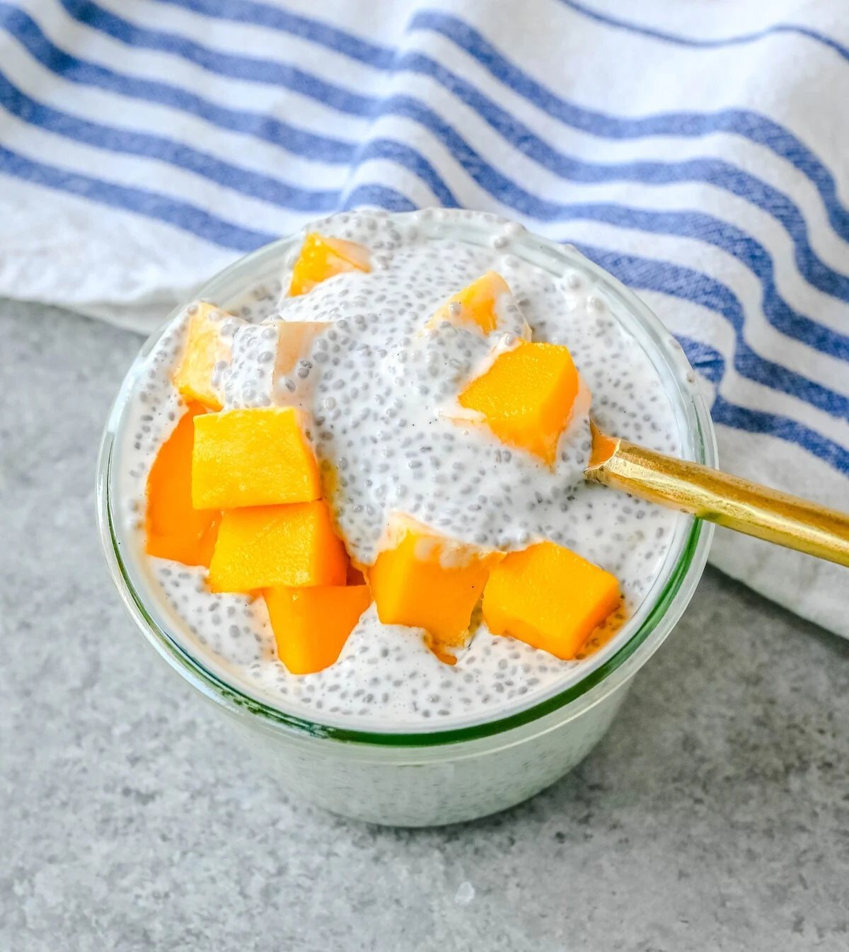 Mango Coconut Chia Pudding is a dairy-free, gluten-free, refined sugar-free, healthy dessert made with fiber rich chia seeds, rich coconut milk, real maple syrup, coconut and fresh mango. This mango chia seed pudding is a high-fiber, plant-based treat that is perfect for meal prep, clean eating, or a healthy snack.