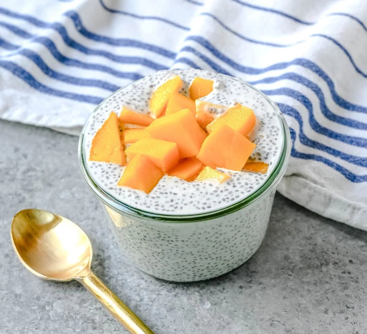 Mango Coconut Chia Pudding is a dairy-free, gluten-free, refined sugar-free, healthy dessert made with fiber rich chia seeds, rich coconut milk, real maple syrup, coconut and fresh mango. This mango chia seed pudding is a high-fiber, plant-based treat that is perfect for meal prep, clean eating, or a healthy snack.