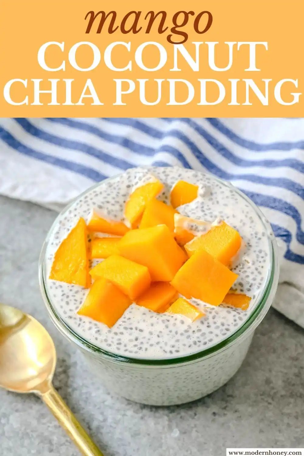 Mango Coconut Chia Pudding is a dairy-free, gluten-free, refined sugar-free, healthy dessert made with fiber rich chia seeds, rich coconut milk, real maple syrup, coconut and fresh mango. This mango chia seed pudding is a high-fiber, plant-based treat that is perfect for meal prep, clean eating, or a healthy snack.