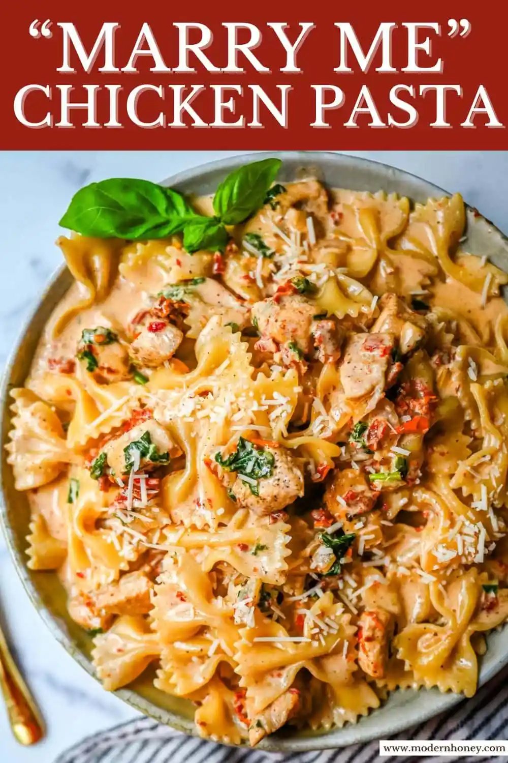 This Marry Me Chicken Pasta recipe features chicken, sun-dried tomatoes, heavy cream, parmesan cheese, and pasta in a rich, flavorful sauce. It’s a simple one-pan creamy chicken pasta that’s an easy dinner recipe!