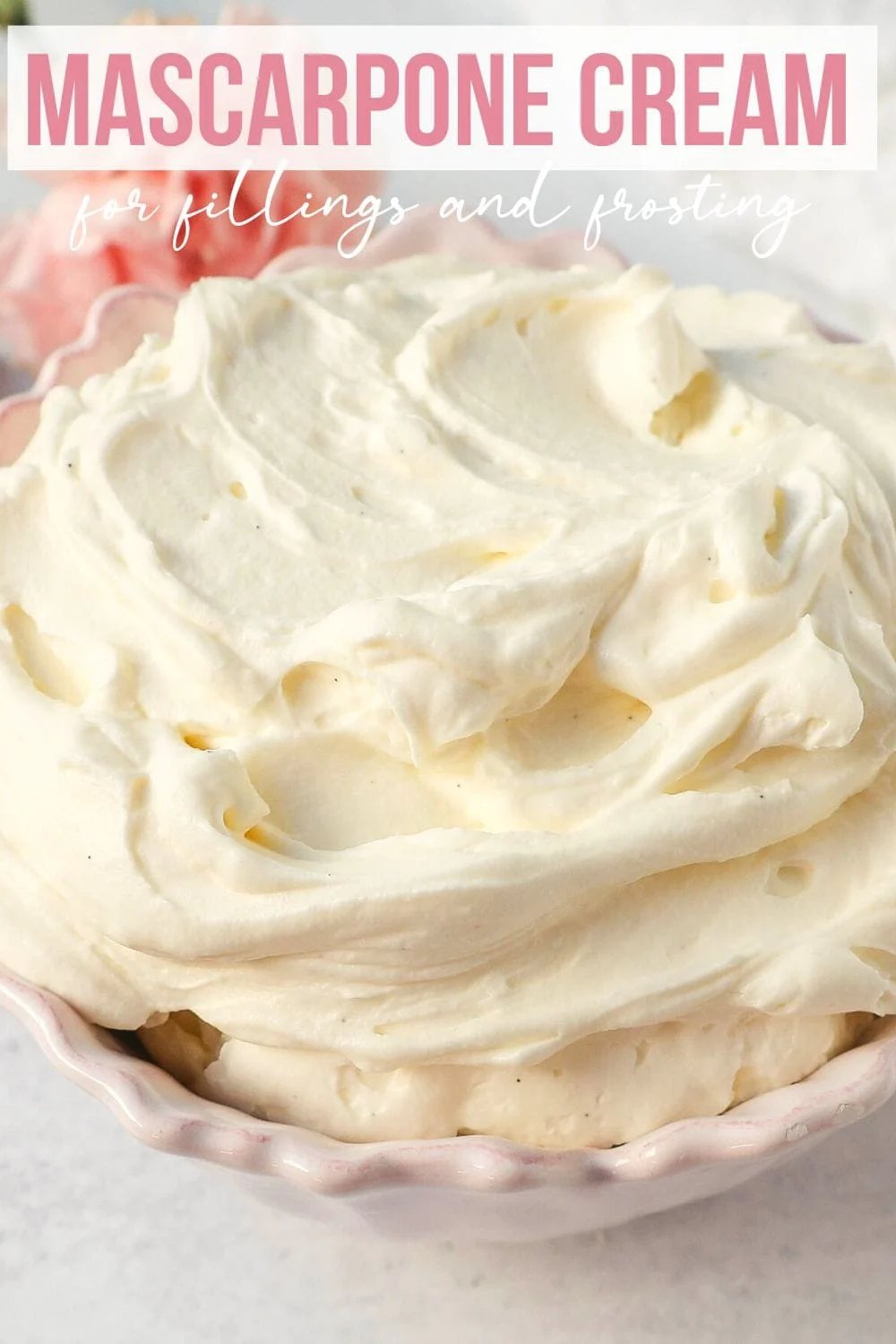 Creamy mascarpone cream is the most delicious and luxurious cake filling, dessert filling, or the perfect spread on any dessert. This Mascarpone Frosting is made with heavy cream, mascarpone cheese, powdered sugar, and vanilla or almond extract.