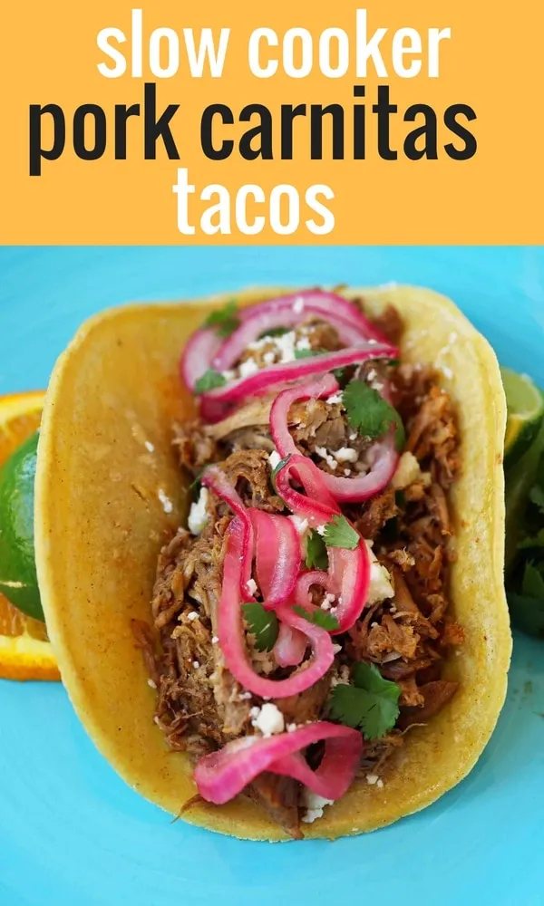 Mexican Pork Carnitas Tacos. Slow Cooker Pork Carnitas with Pickled Onions. How to make tender and flavorful pork carnitas slow cooked in Coca-Cola and citrus juices. www.modernhoney.com #tacos #carnitas #porkcarnitas #slowcooker #slowcookercarnitas