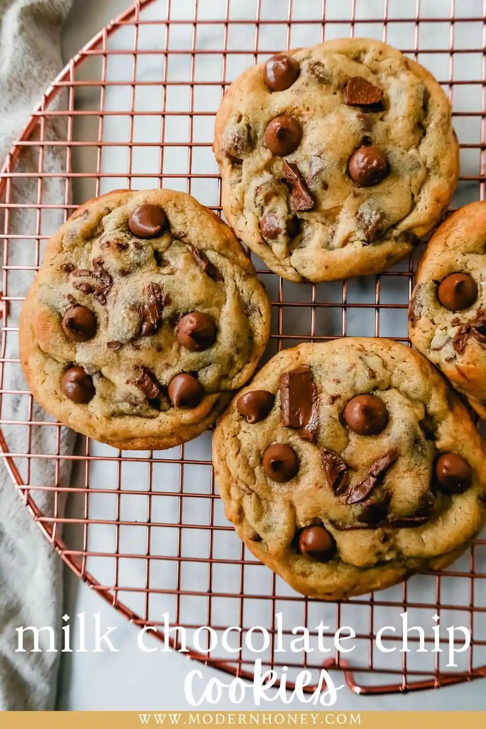 Thick, chewy milk chocolate chip cookies have the perfect chewy centers with a lot of melted chocolate and slightly crispy edges. The best milk chocolate chip cookie recipe!
