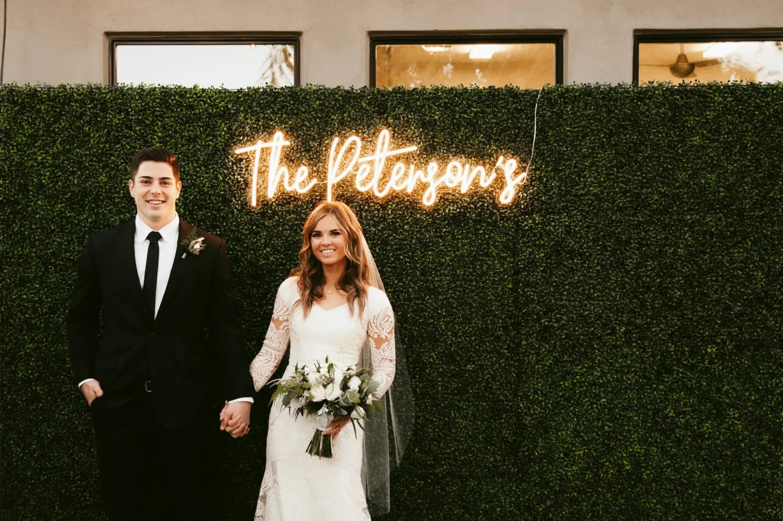 Greenery Wall with LED personalized sign for wedding. How to build greenery wall for wedding