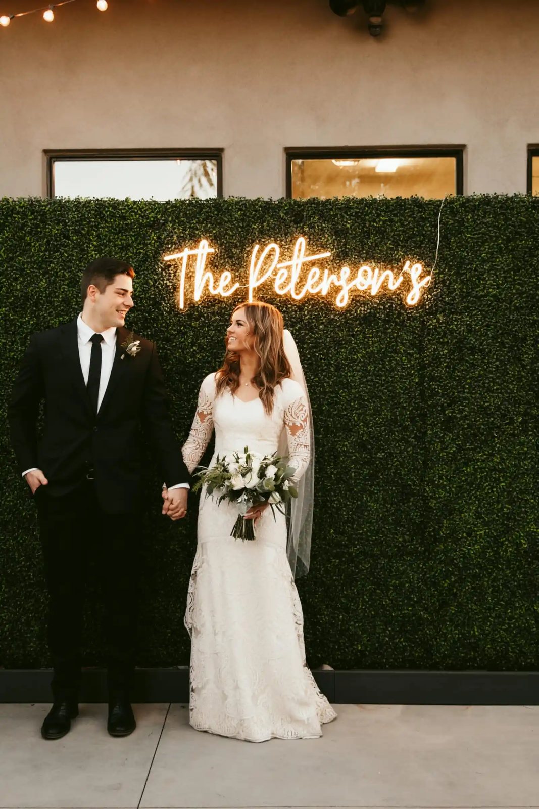 Greenery Wall with LED personalized sign for wedding. How to build greenery wall for wedding