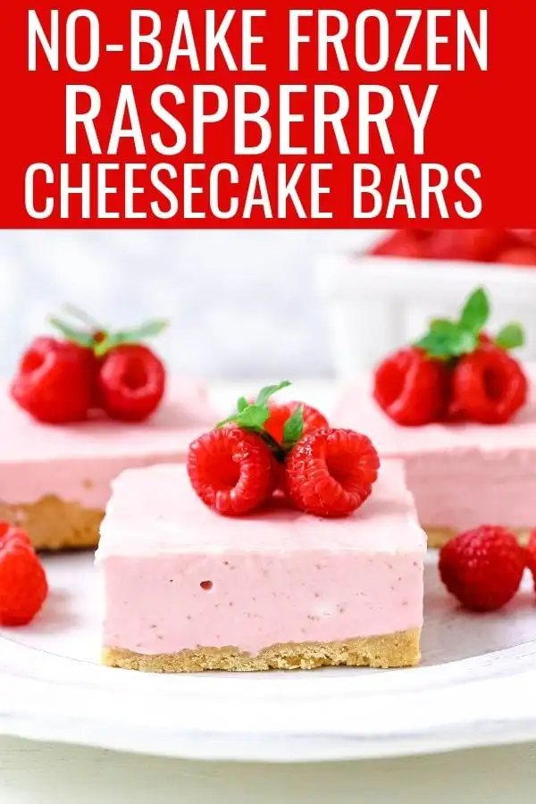 No-Bake Frozen Raspberry Cheesecake Squares. Creamy no-bake raspberry cheesecake filling on top of a shortbread or graham cracker crust topped with fresh raspberries. A creamy no-bake frozen dessert. www.modernhoney.com #nobakedessert #raspberrycheesecake #cheesecakesquares #frozendessert #frozencheesecake