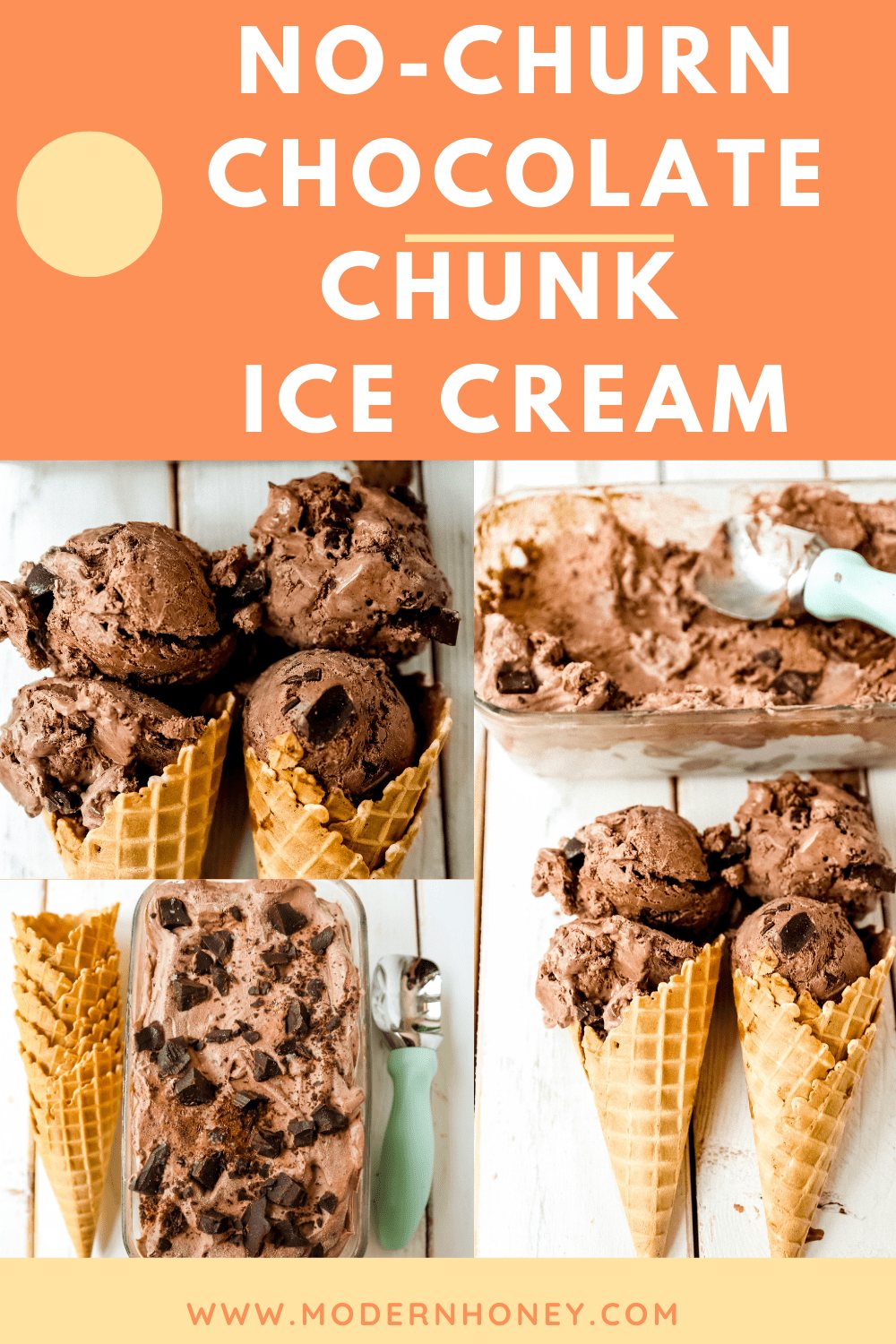 No-Churn Chocolate Chunk Ice Cream. How to make rich, creamy chocolate chunk ice cream at home without an ice cream maker! Homemade chocolate ice cream has never been easier! #icecream #nochurnicecream #chocolateicecream
