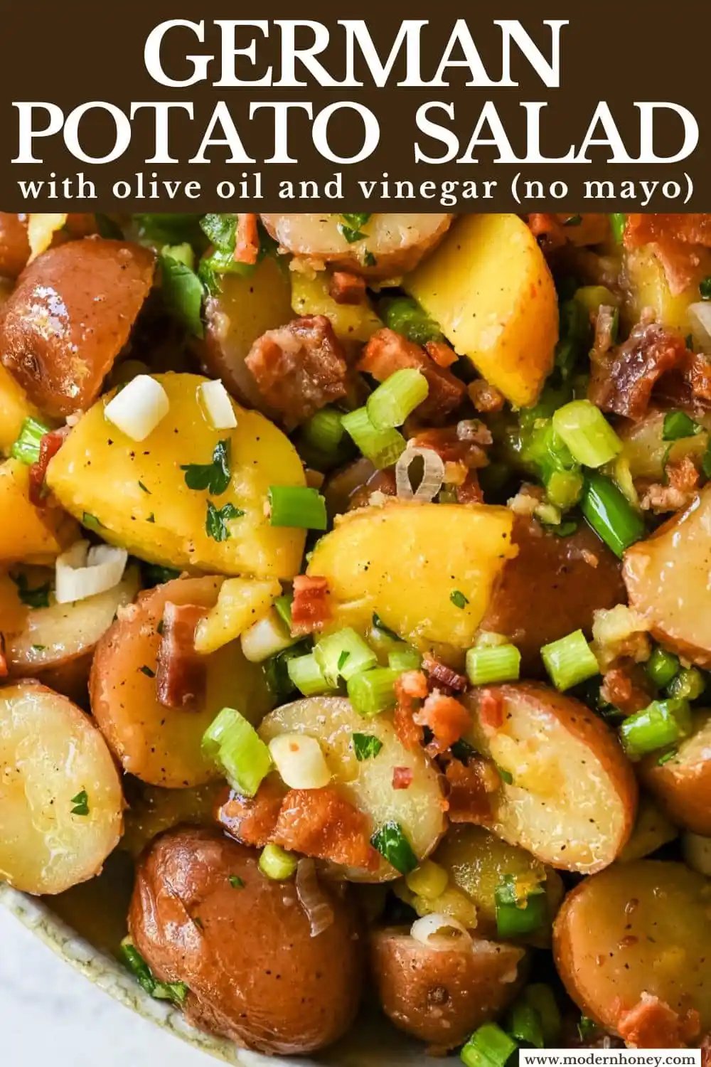 This no mayo potato salad is the perfect summer side dish -- light, tangy, and packed with fresh herbs. Made with a simple olive oil and vinegar dressing, this vinaigrette-based potato salad soaks into tender potatoes for incredible flavor without the heaviness of mayonnaise. Inspired by classic German potato salad, this version is fresh and healthy. If you’re looking for a potato salad without mayonnaise that’s full of flavor, this is the one for you!