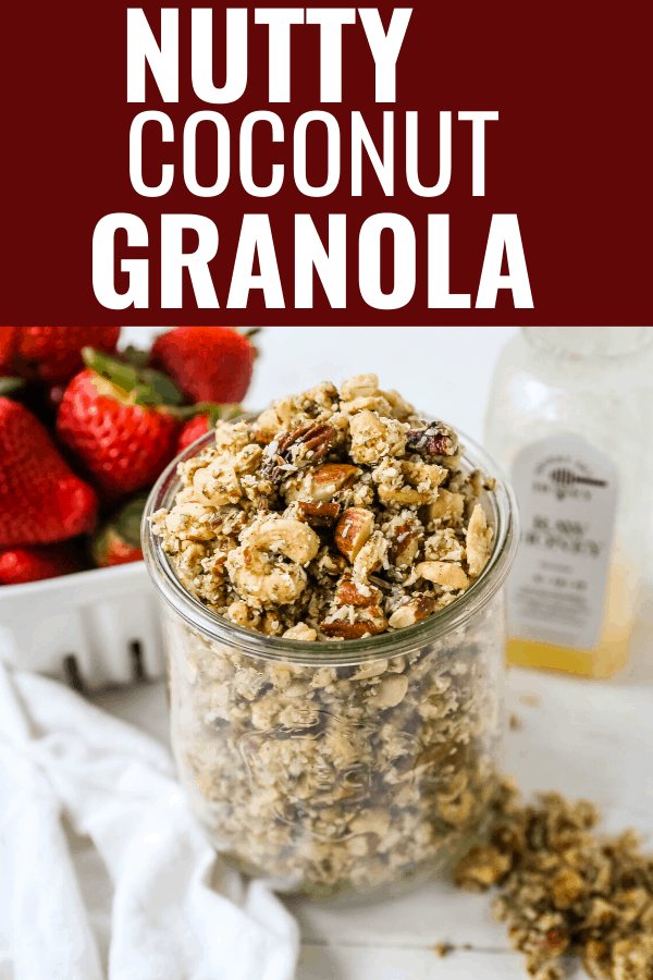 Nutty Coconut Granola Almonds, cashews, walnuts, pecans, coconut, hemp seeds, unsweetened coconut flakes, coconut oil, and honey make this an all-natural snack. www.modernhoney.com #granola #nuttygranola #snack #healthy