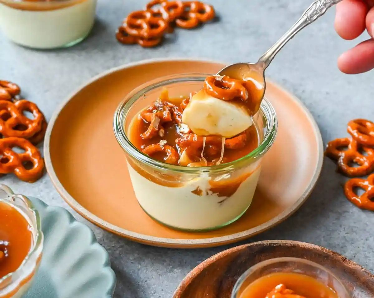 Panna Cotta with Salted Caramel and Toffee Pretzels