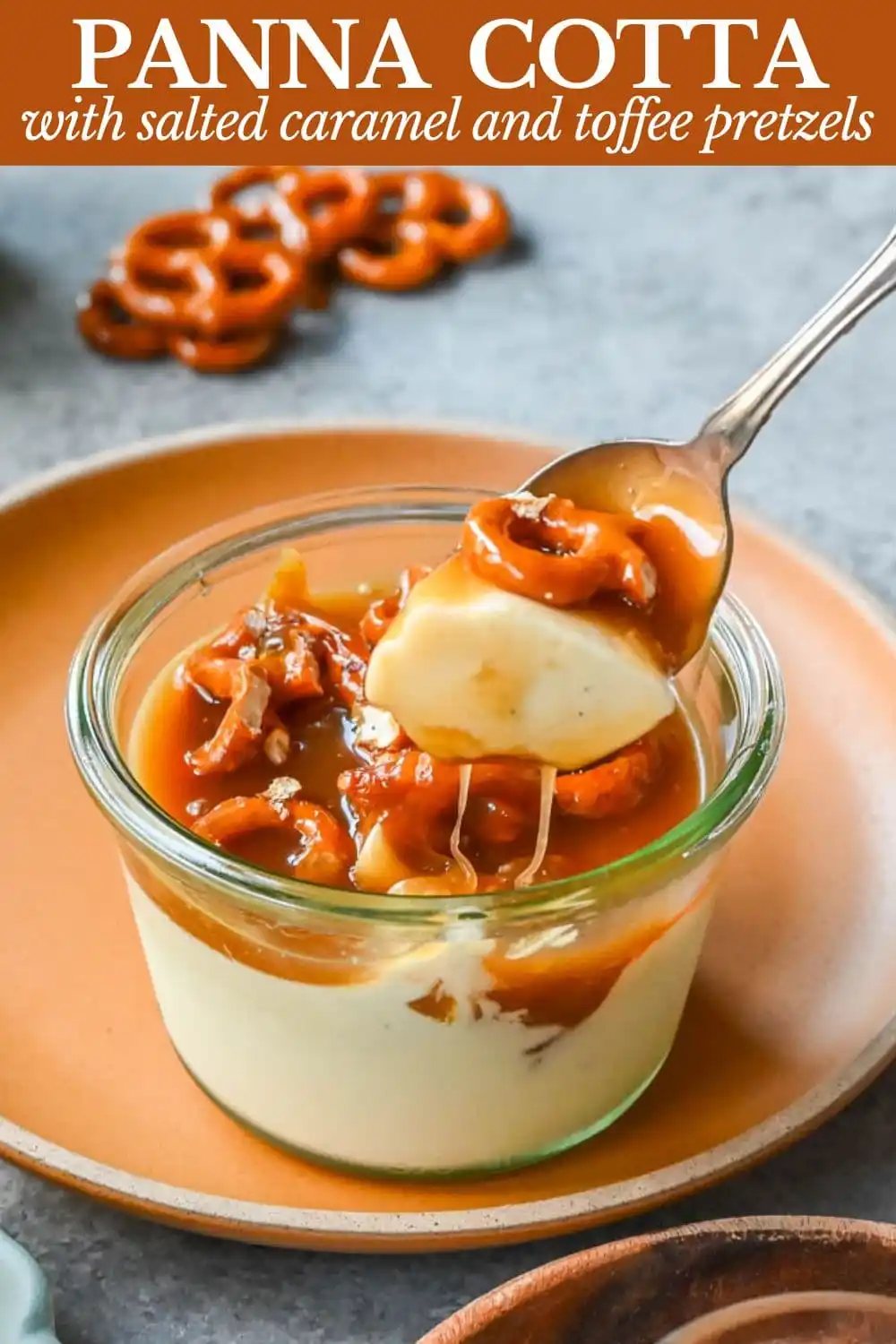 Panna Cotta with Salted Caramel and Toffee Pretzels. Creamy, rich vanilla panna cotta with homemade sea salt caramel and butter toffee pretzels. This is the perfect sweet and salty dessert!