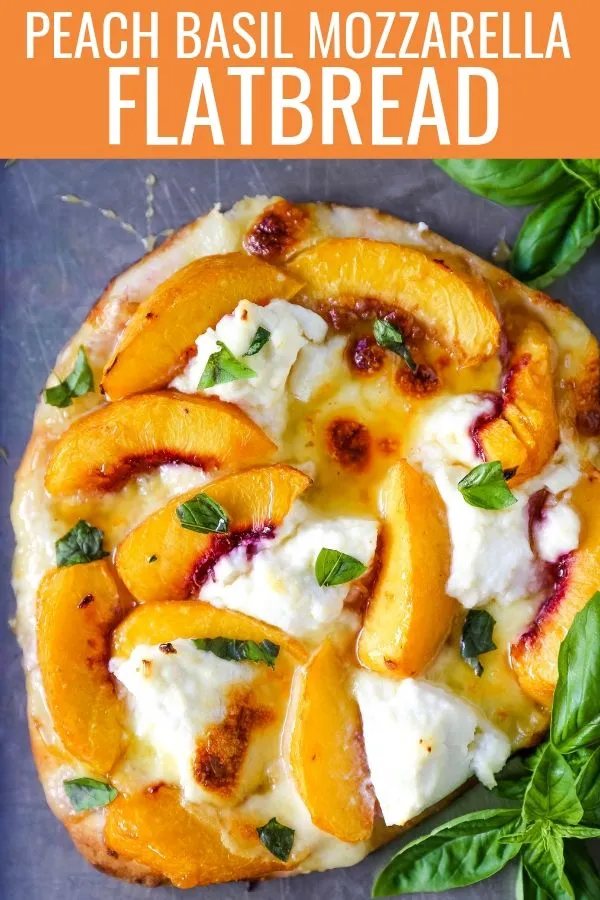 Peach Basil Mozzarella Flatbread Fresh peaches, basil ribbons, ricotta cheese, a drizzle of honey, fresh mozzarella all on a buttery flatbread. The perfect summer pizza! www.modernhoney.com #peachpizza #flatbread #peachflatbread #summerpizza #peachrecipes