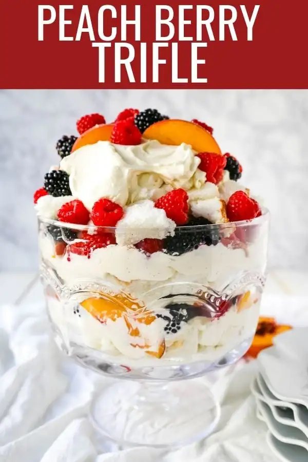 Peach Berry Trifle Angel food cake, a sweet, creamy, fluffy filling with fresh peaches and raspberries makes this the perfect summer dessert. www.modernhoney.com #peach #peacherecipes #trifle #dessert
