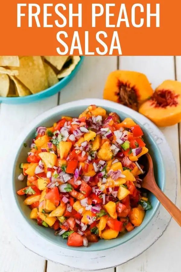 Peach Salsa. Fresh peach salsa with red pepper, jalapeño, red onion, tomatoes, cilantro, and fresh lime juice. A sweet and savory salsa perfect to pair with chips, grilled chicken or pork. www.modernhoney.com #peachsalsa #salsa #peachrecipes
