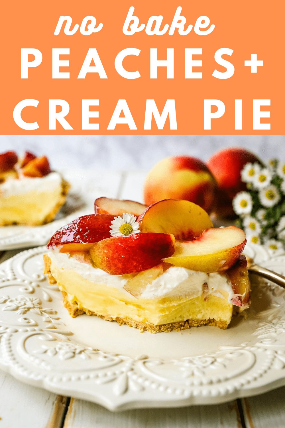 Peaches and Cream Pie. A quick and easy no-bake creamy peach pie with a buttery graham cracker crust, a sweet custard filling, fresh whipped cream, and sliced peaches. www.modernhoney.com #pie #nobakedessert #nobakepie #peachdessert #peaches #peach