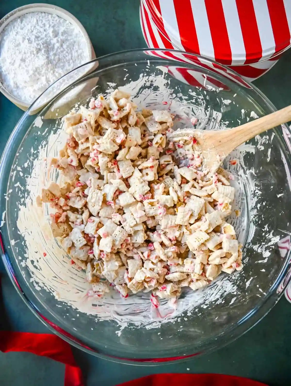 Peppermint Puppy Chow or Peppermint Muddy Buddies mixed in a bowl