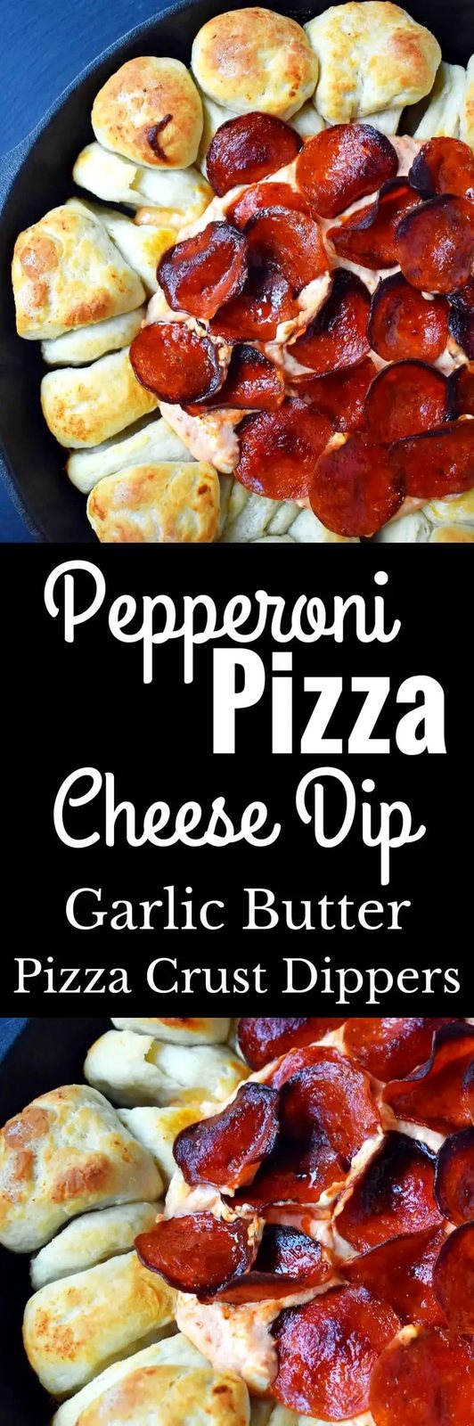 Pepperoni Pizza Dip with Pizza Crust Dippers by Modern Honey. Creamy pizza dip topped with crispy pepperoni and baked with garlic butter pizza rolls. All baked in a cast iron skillet. www.modernhoney.com