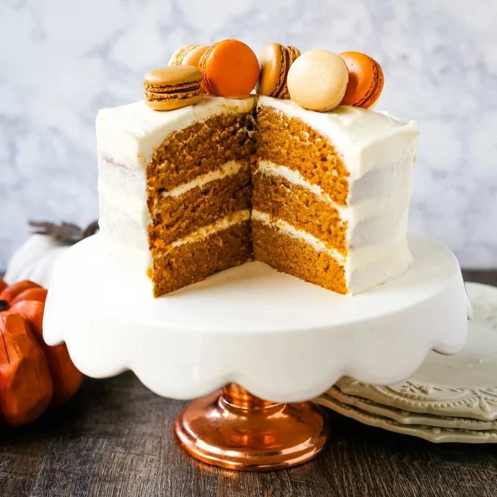 Pumpkin Cake with Cream Cheese Frosting Moist Pumpkin Spiced Cake with a Sweet Cream Cheese Frosting. The best Fall pumpkin layered cake recipe! www.modernhoney.com #pumpkin #pumpkinrecipes #fall #ffallrecipes #pumpkincake