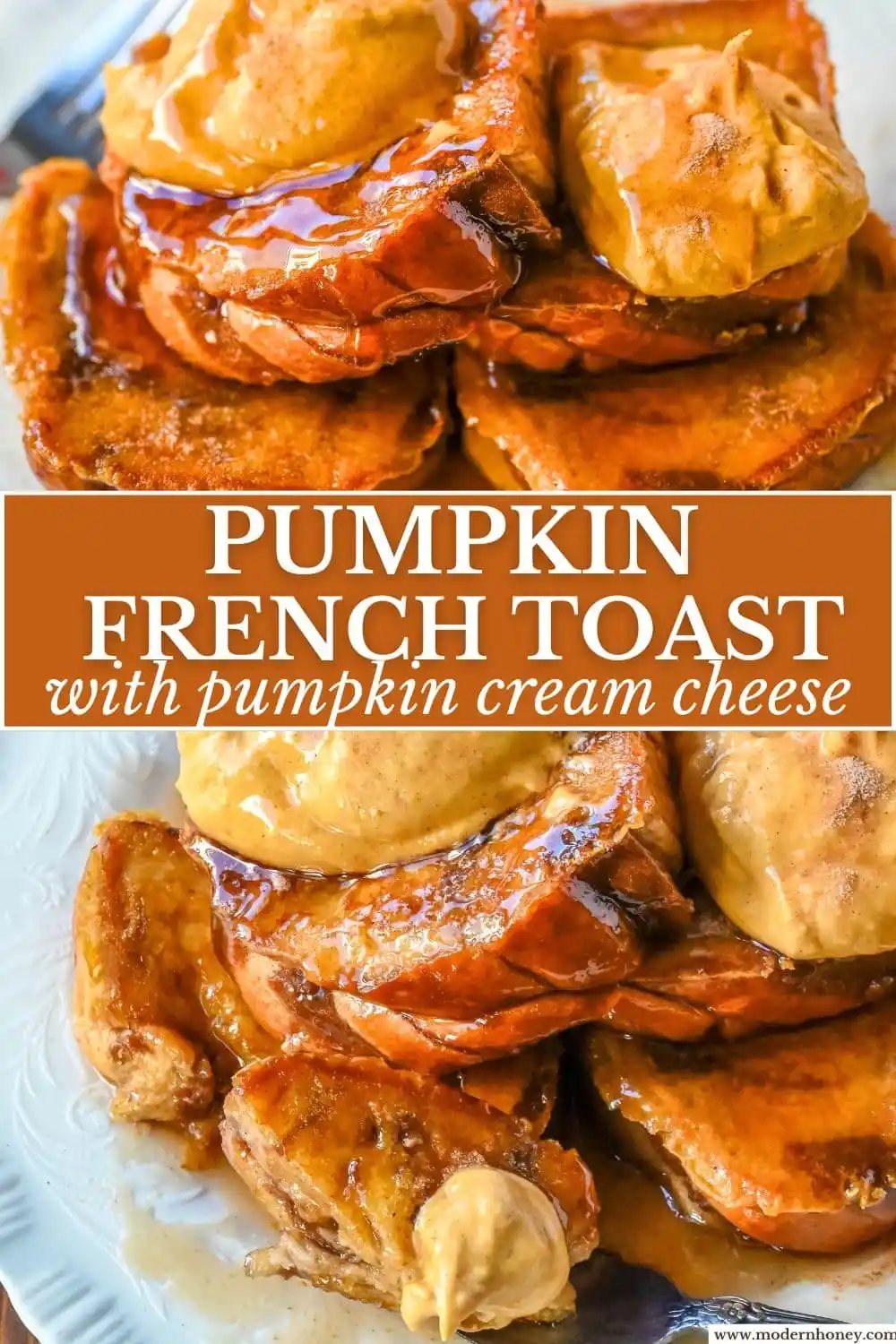 This Pumpkin French Toast is the perfect fall breakfast! Made with pumpkin puree, pumpkin spice, and thick slices of brioche cinnamon bread, it’s golden on the outside, soft inside, and topped with a dollop of sweet brown sugar pumpkin spice cream cheese.
