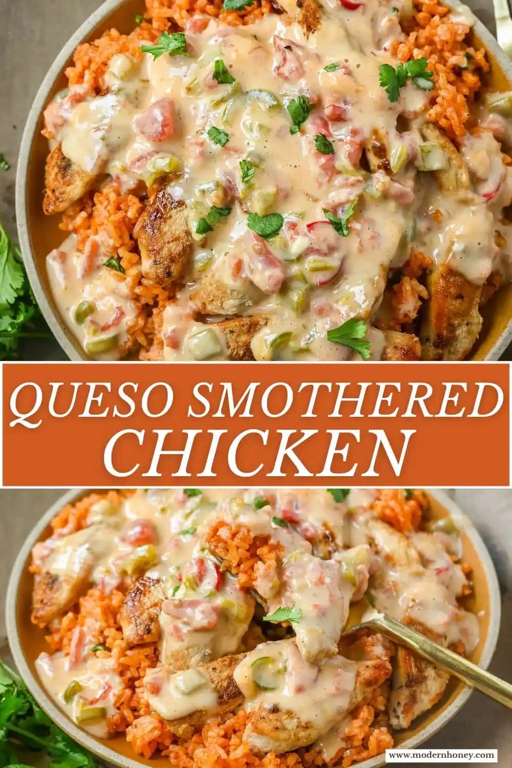 This Queso Smothered Chicken is a comforting, flavor-packed meal that makes everyone at the table ask for seconds — Pollo con Queso is it. This dish brings together juicy sautéed chicken, homemade Spanish rice, and a rich, creamy queso sauce made from scratch. A hearty, cheesy, restaurant-style dish you can make right at home — and better than takeout.