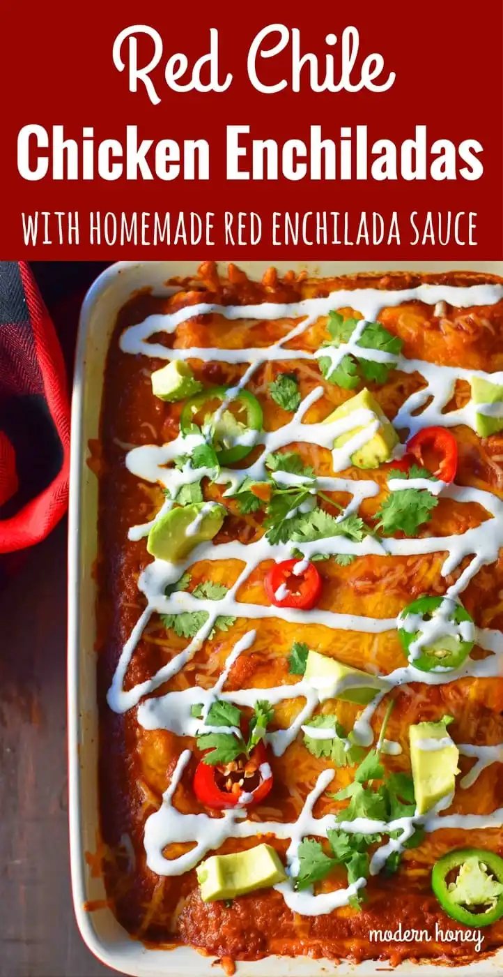 Red Chile Chicken Enchiladas with homemade red enchilada sauce. How to make enchilada sauce from scratch. The best red chicken and cheese enchiladas. www.modernhoney.com
