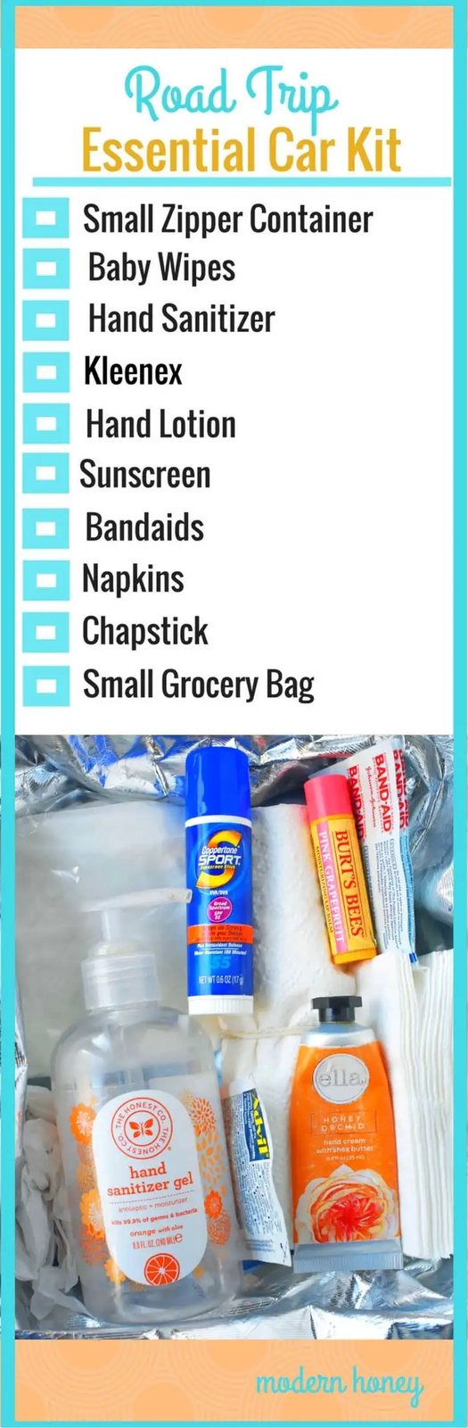 Road Trip Car Essential Kit. A list of the important items to take on a road trip. www.modernhoney.com