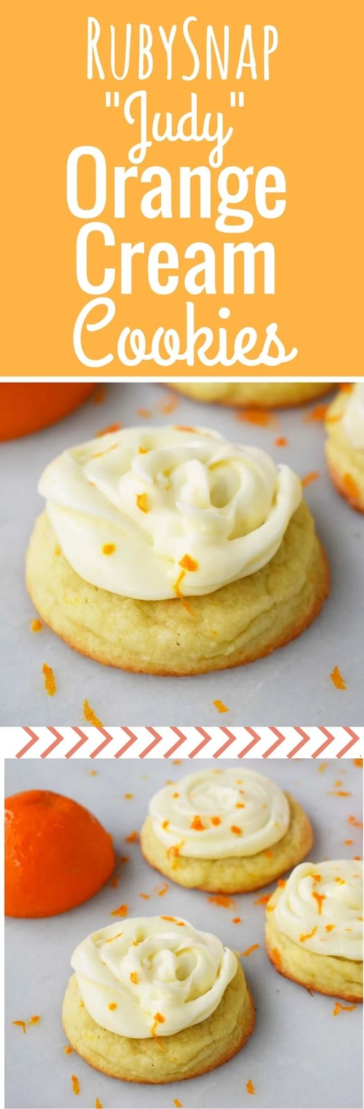 RubySnap Judy Orange Cream Cookies. Soft citrus orange dough cookie topped with sweet orange cream cheese frosting. An orange cream lovers dream cookie! www.modernhoney.com