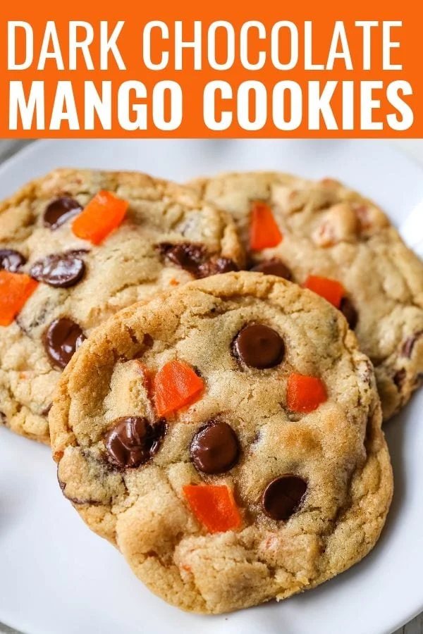 Dark Chocolate Mango Cookies Chewy citrus cookies with dark chocolate chunks and sweet dried mango. A rich tropical cookie!