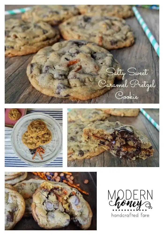 Salty Sweet Caramel Pretzel Cookies. It's the best of both worlds - salty and sweet in one cookie. It's full of caramel bits, salty pretzels, and creamy milk chocolate.