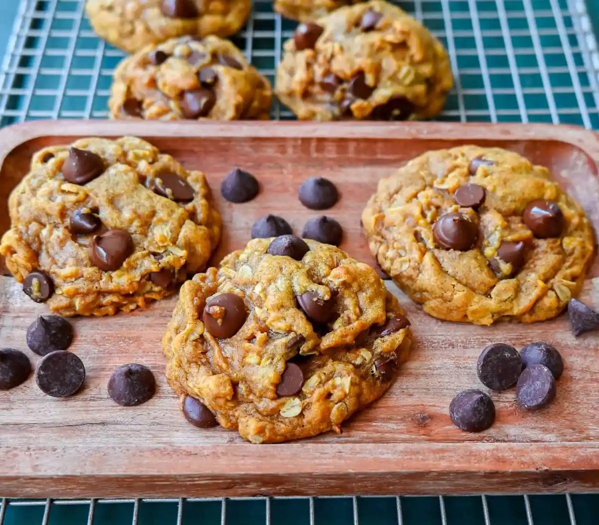 These pumpkin oatmeal chocolate chip cookies are made with browned butter, spiced pumpkin, oatmeal, and rich semi-sweet chocolate chips. This chocolate chip pumpkin oatmeal cookie is the perfect Fall cookie. How to make the perfect chewy, melt-in-your-mouth saucepan pumpkin chocolate chip cookie.