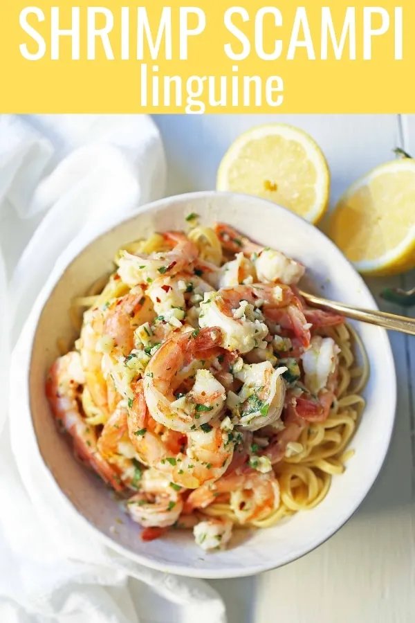 Shrimp Scampi Linguine. Shrimp sauteed in a lemon garlic butter sauce tossed with linguine pasta and made in less than 20 minutes. www.modernhoney.com #shrimp #shrimpscampi #shrimpscampilinguine #pasta #valentinesday