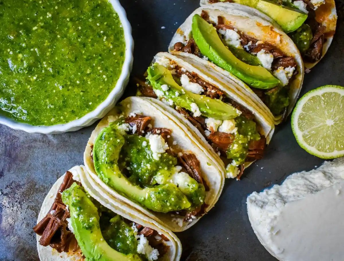 Slow Cooker Barbacoa Beef Tacos with Tomatillo Salsa