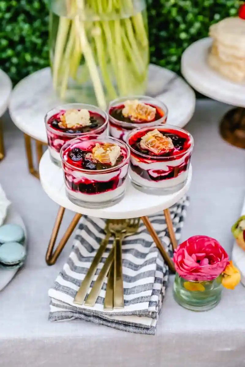 Breakfast yogurt parfaits with berry coulis and honeycomb. Spring Brunch.