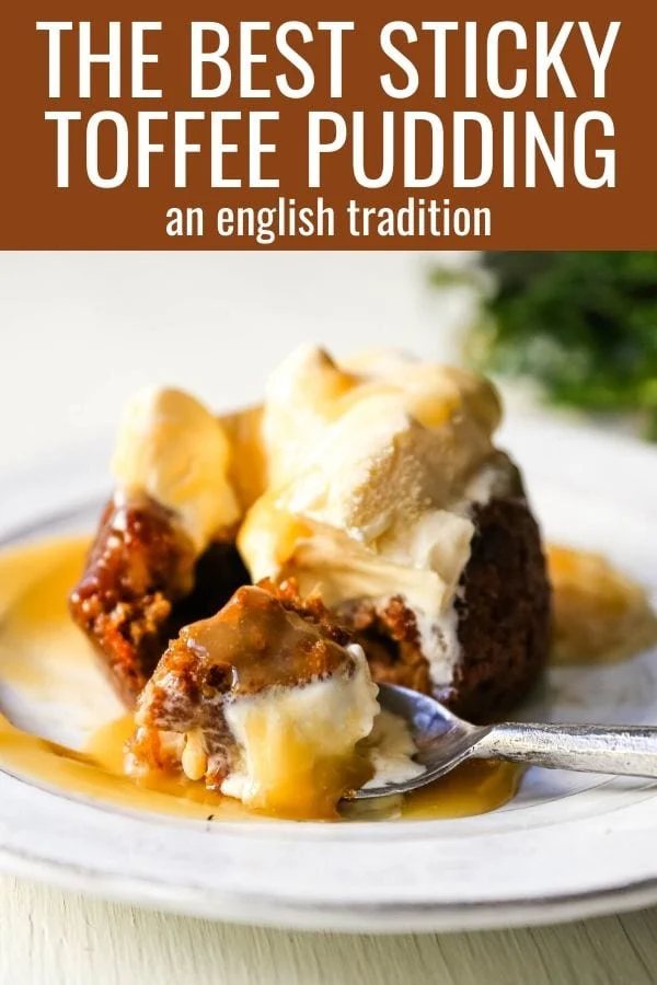 Sticky Toffee Pudding. A famous English dessert with a moist sponge cake covered in a homemade caramel toffee sauce and vanilla ice cream. The perfect Christmas dessert or holiday dessert recipe. A Christmas traditional dessert. www.modernhoney.com #stickytoffeepudding #toffeepudding #stickypudding #datecake